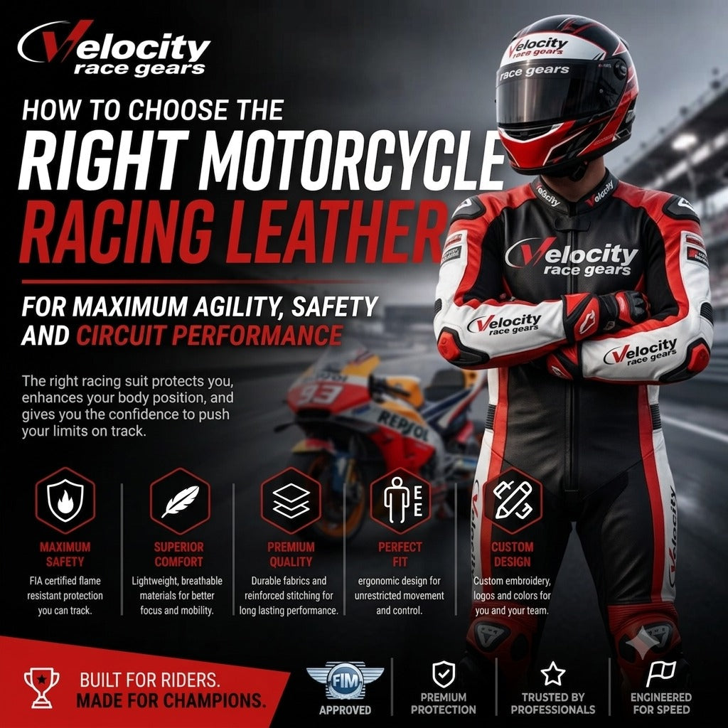 Traje de Moto de Cuero 1 Pieza Velocity Race Gears – Mono de Carreras Personalizado con Protecciones CE
