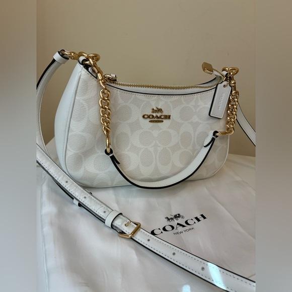 Coach Teri 2Way Shoulder Bag CA548 Signature Canvas White Smooth Leather