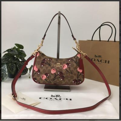 Coach Teri Shoulder Bag in Signature Canvas with Cherry Print Tan Brown CY694 NWT