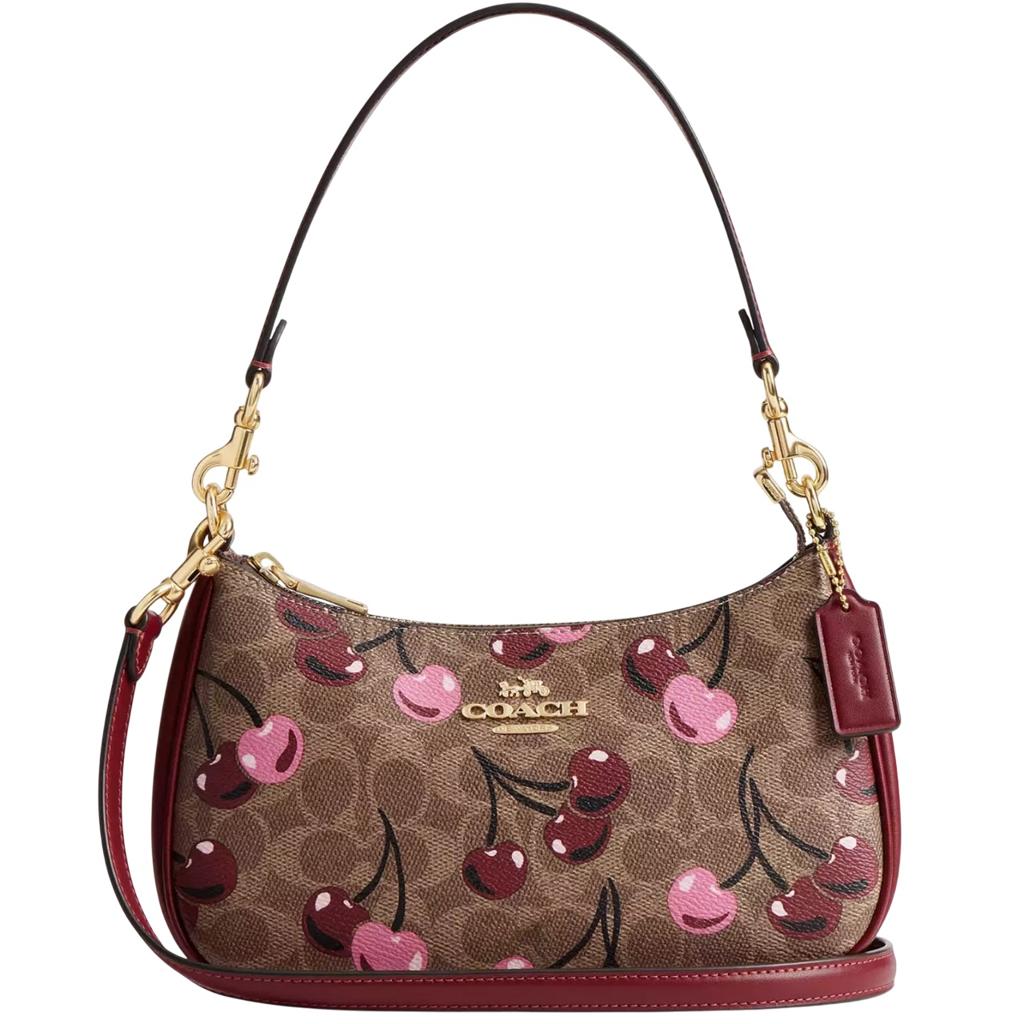 Coach Teri Shoulder Bag in Signature Canvas with Cherry Print Tan Brown CY694 NWT