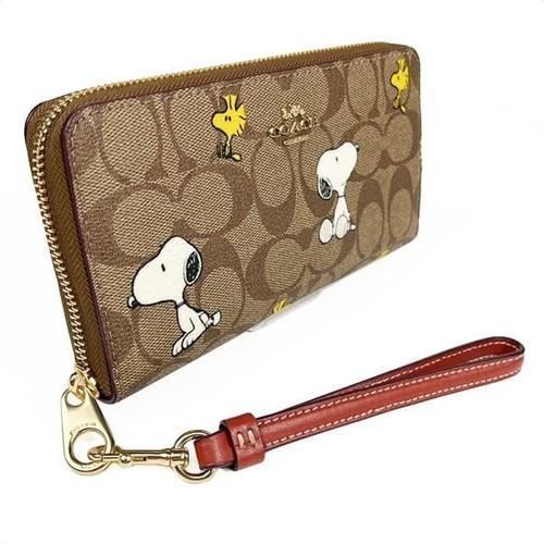 : Coach x Peanuts Long Zip Around Wallet Snoopy Woodstock Khaki Signature Canvas