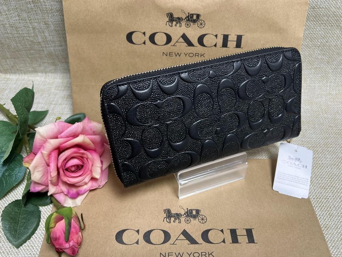 Coach F53834 Long Zip Around Wallet in Signature Leather Black Women's Zip Around Wallet New Japan