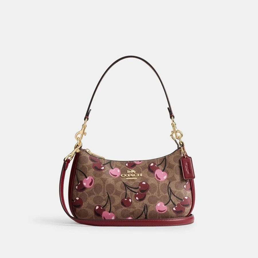 Coach CY694 Teri Shoulder Bag Signature Canvas Cherry Print Tan Brown